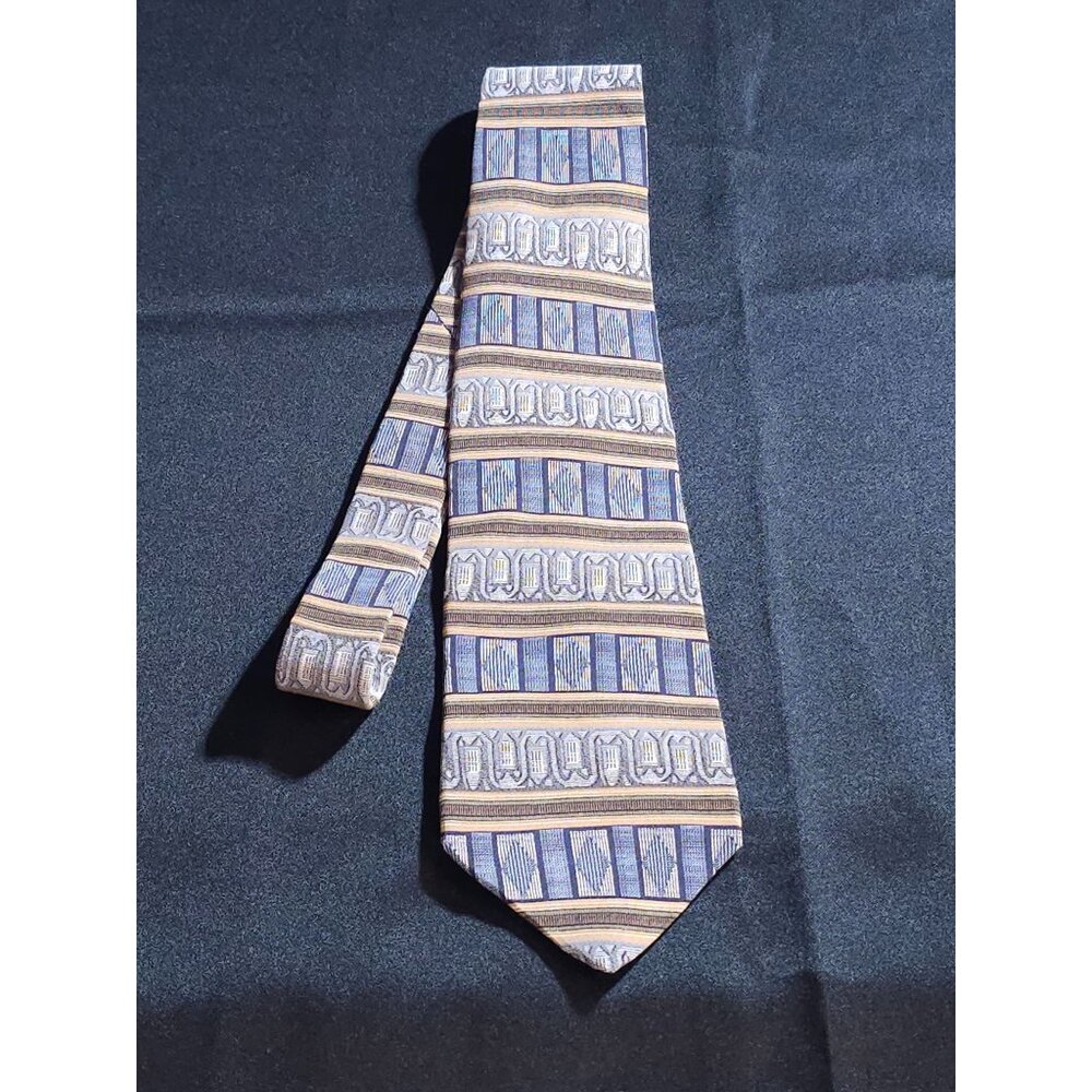 Vintage Loosen Up By Gentry 100% Silk Geometric Pattern Mens Necktie In Blue & Y